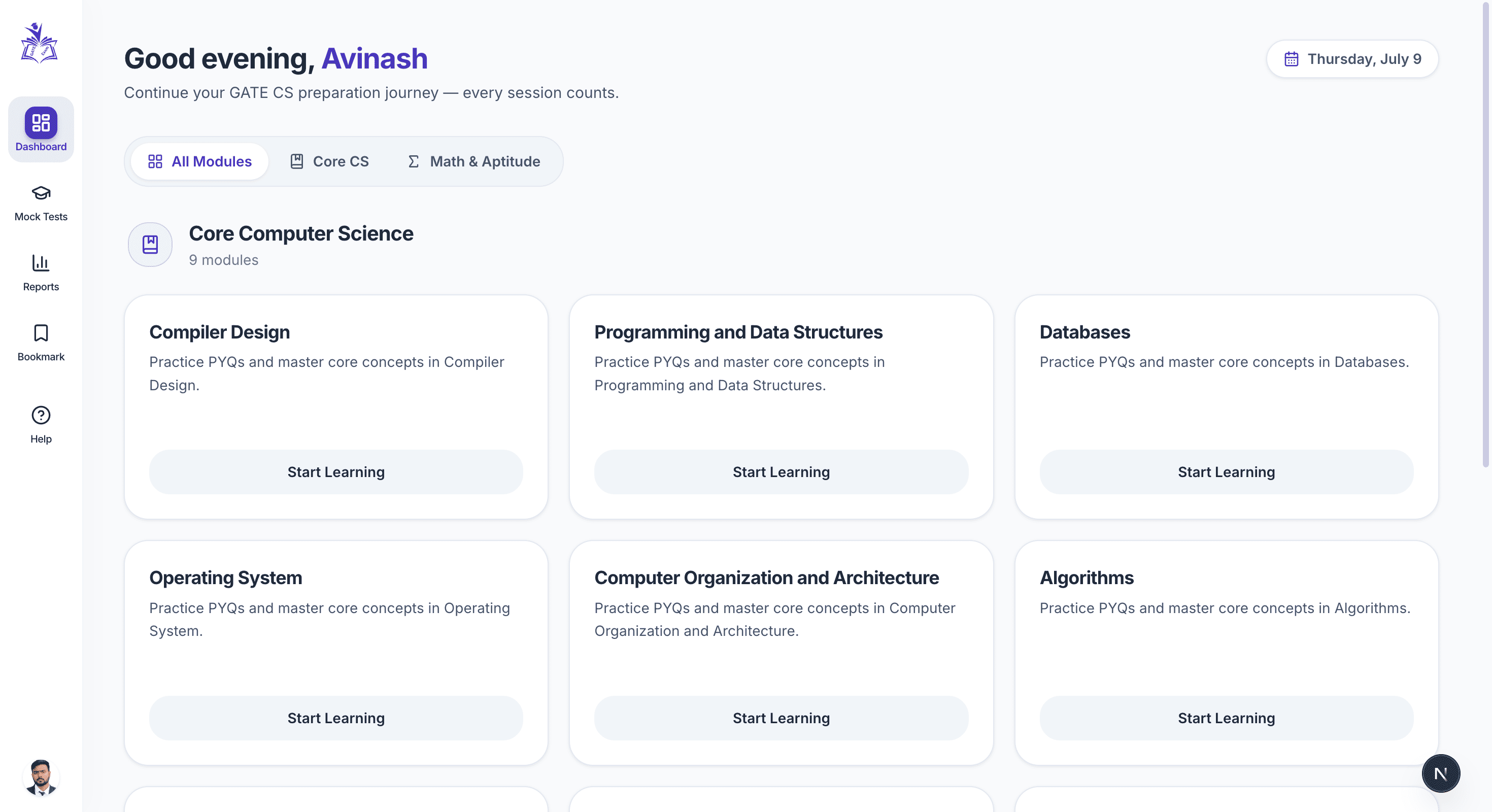 GateExam student dashboard with subject modules and progress