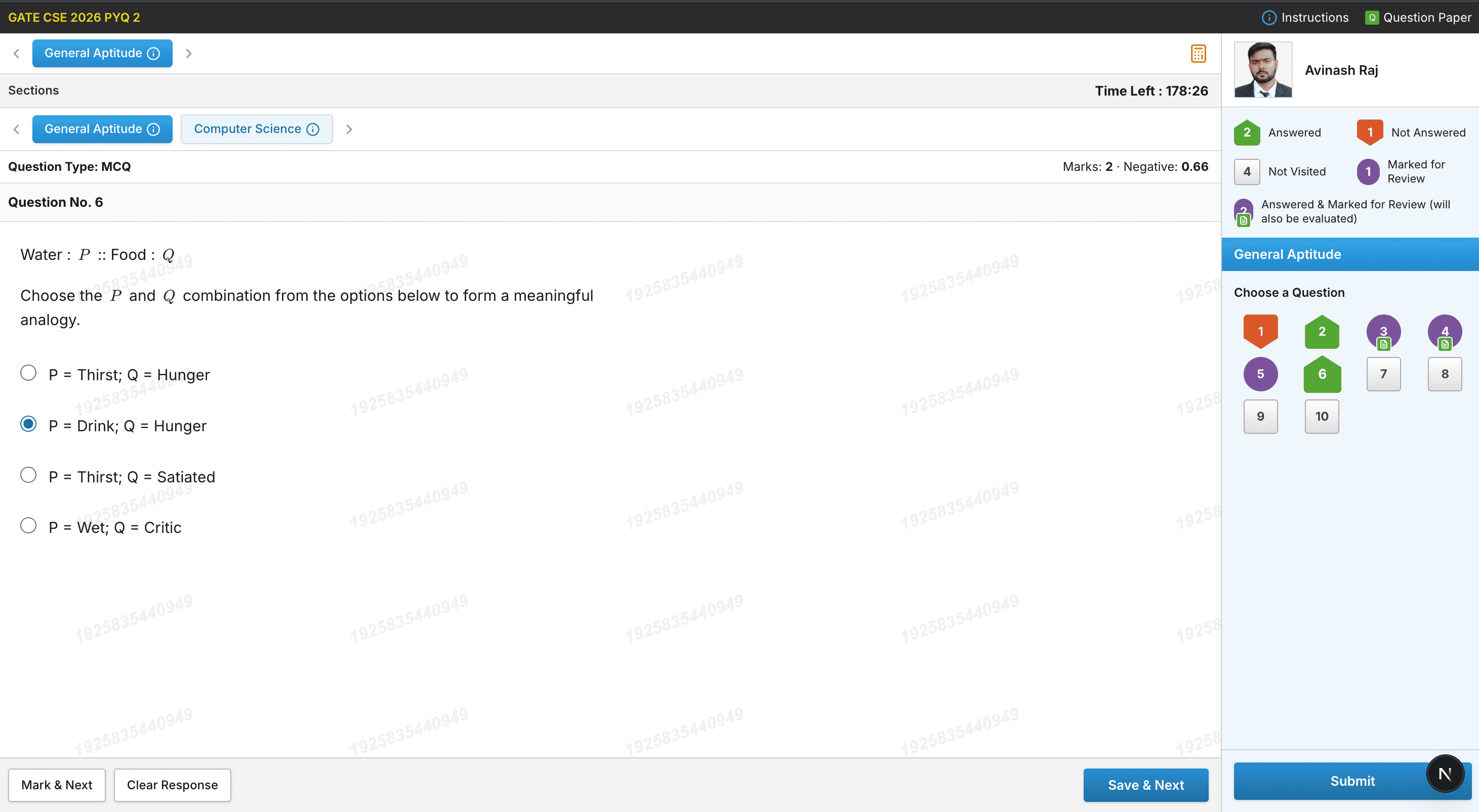 GATE-style mock exam interface with question palette and timer