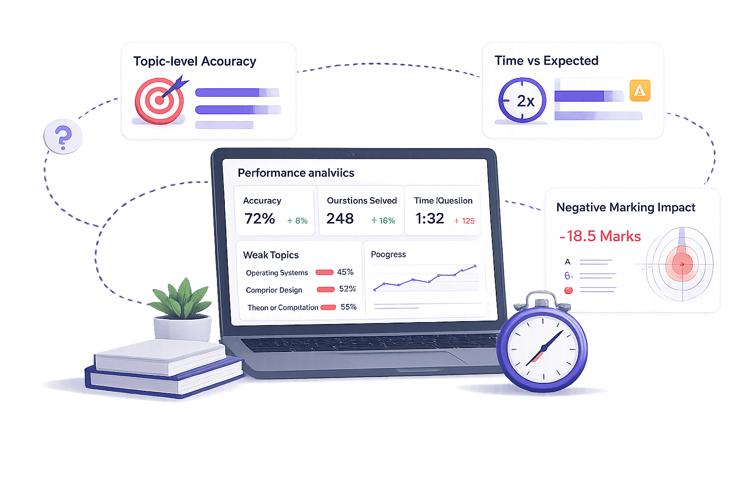 Performance analytics dashboard with accuracy, weak topics, and time insights