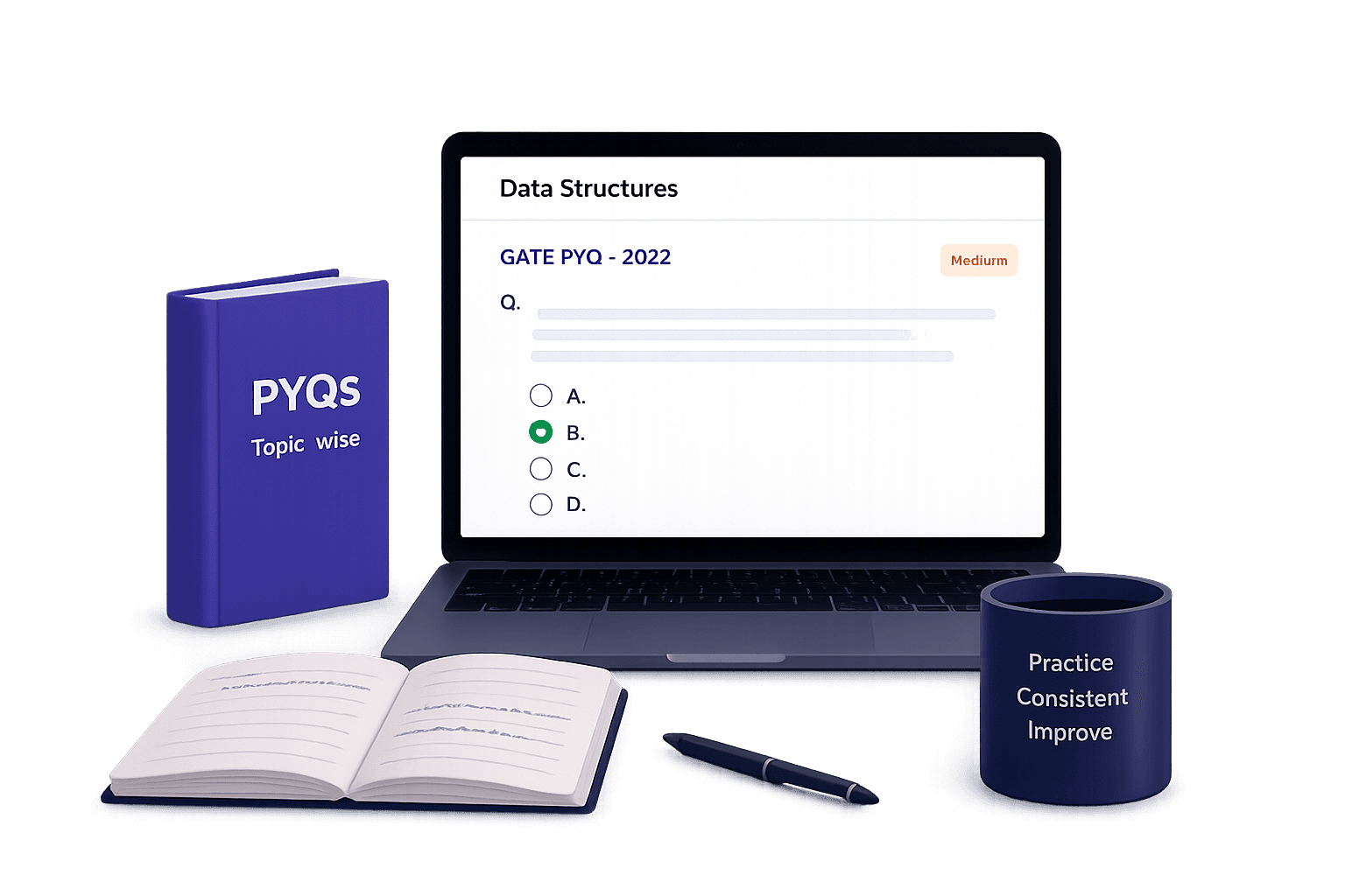 Laptop showing topic-wise GATE PYQ practice with MCQ options