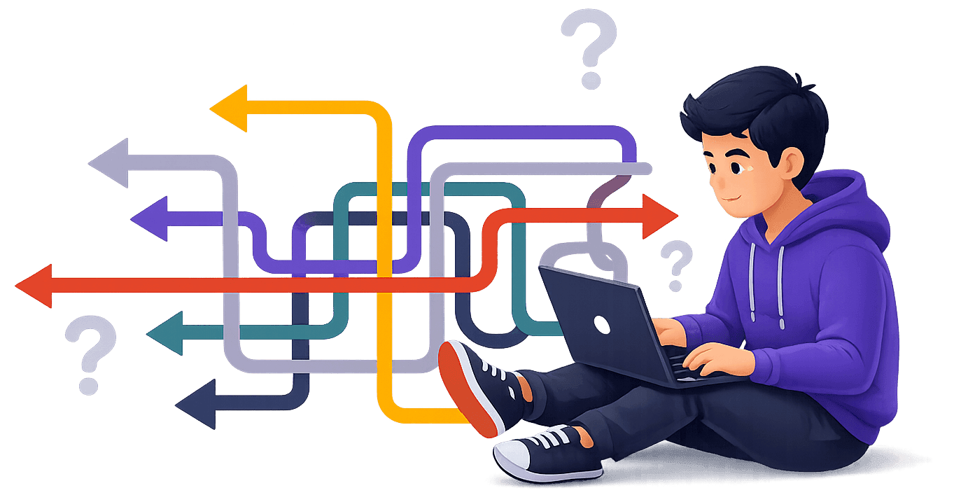 Student surrounded by tangled arrows — studying without direction
